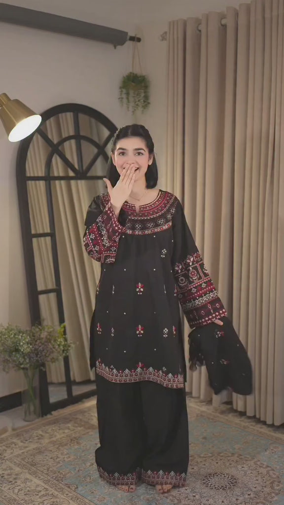 Video of Gul Embroidered Black 3 Piece Lawn Suit with Chiffon Dupatta by MWF Collection